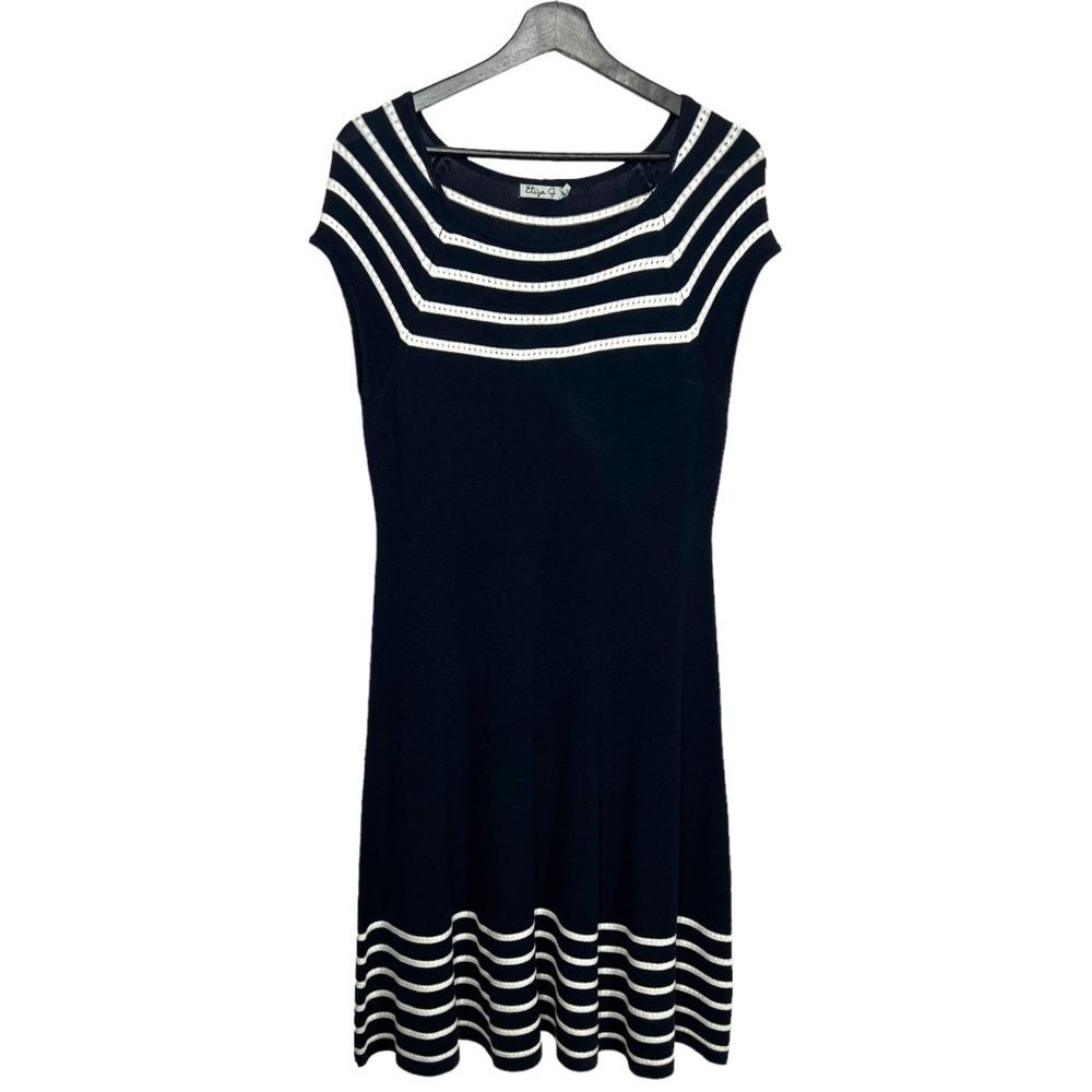 Eliza J Navy Blue White Stripe Short Sleeve Knit Below Knee Dress Small - Picture 1 of 10